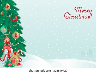 Merry Christmas! Vector background of christmas decorations and presents on snow winter landscape. 