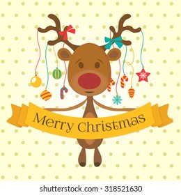 Merry Christmas Vector Background. Deer holding sign
