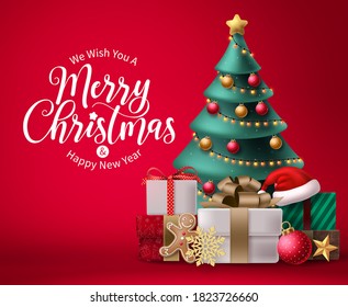 Diseño de fondo vectorial de navidad. Saludo navideño en espacio rojo para texto con elementos 3d coloridos como árbol de navidad, bolas, luces y caja de regalo para la celebración de la temporada navideña. Vector 