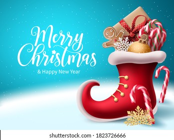 Merry christmas vector background design. Christmas greeting text with 3d realistic red santa shoe and xmas elements for holiday season celebration. Vector illustration 