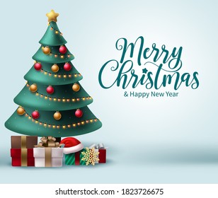 Merry christmas vector background design. Christmas greeting in white space for text with colorful elements like xmas tree, balls, lights and gift box for holiday season celebration. Vector 