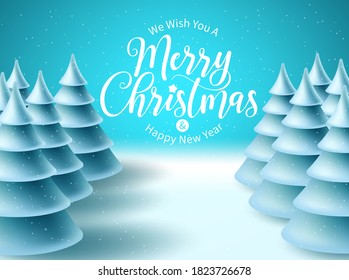 Merry christmas vector background design. Christmas greeting typography in snowy winter space for text with frozen fir tree elements for xmas holiday celebration. Vector illustration