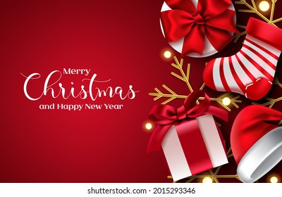 Merry christmas vector background design. Merry christmas text in red empty space for messages with gifts, santa hat and sack elements for xmas greeting card. Vector illustration