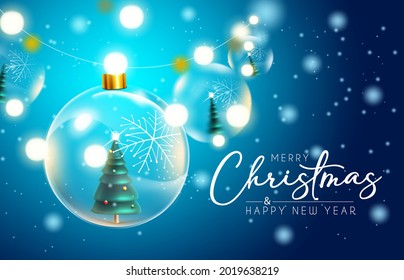 Merry christmas vector background design. Merry christmas greeting text with hanging crystal balls and pine tree elements for xmas holiday celebration card decoration. Vector illustration
