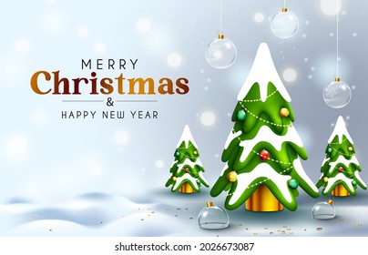 Merry christmas vector background design. Merry christmas greeting text with hanging crystal balls and xmas tree miniature elements for holiday celebration decoration. Vector illustration
