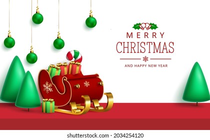 Merry christmas vector background design. Merry christmas greeting text in white space with santa's sleigh, trees and gifts for xmas holiday season design. Vector illustration.
