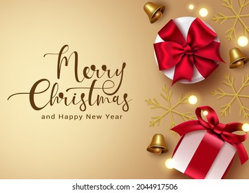 Merry christmas vector background design. Merry christmas text with gifts and snowflakes xmas element with empty space for greeting card decoration. Vector illustration.
