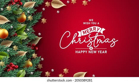 Merry christmas vector background design. Christmas tree branches with berry, flower and snowflakes ornament elements for greeting card decoration. Vector illustration. 
