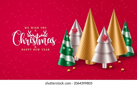 Frohe Weihnachten, Vektorhintergrund-Design. Weihnachten und glücklicher Neujahrsgrußtext mit Weihnachtsbaum, Schneeflocken und goldenen Elementen für die Weihnachtskartendekoration auf rotem Hintergrund. Vektorgrafik 