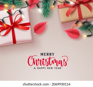 Merry christmas vector background design. Christmas greeting text with gift present xmas elements for holiday season card decoration. Vector illustration. 