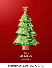 Merry christmas vector background design. Christmas greeting in red space for text with colorful 3d elements like xmas tree, balls, star and lights. Vector