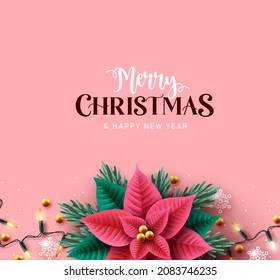 Merry christmas vector background design. Christmas greeting text with xmas lights and poinsettia elements in pink elegant empty space for holiday season card decoration. Vector illustration. 
