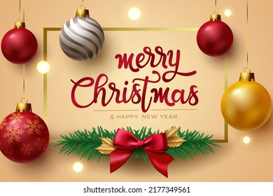 Diseño de fondo vectorial de navidad. Feliz navidad con texto de bienvenida con cinta y bolas de Navidad colgadas para la temporada de fiestas. Ilustración vectorial.
