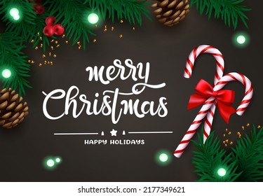 Merry christmas vector background design. Merry christmas greeting text with candy cane xmas elements for holiday season decoration. Vector illustration.
