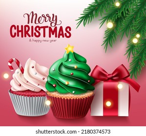 Merry christmas vector background design. Merry christmas greeting text with cup cake and gift elements for xmas holiday season decoration. Vector illustration.
