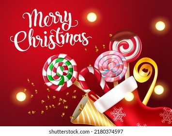 Merry christmas vector background design. Merry christmas greeting text with santa sack and sweet elements line lollipop and candy cane for holiday season. Vector illustration.
