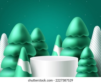 Merry christmas vector background design. Christmas podium, stage and platform for xmas product show with fir and pine tree elements in green background. Vector Illustration.