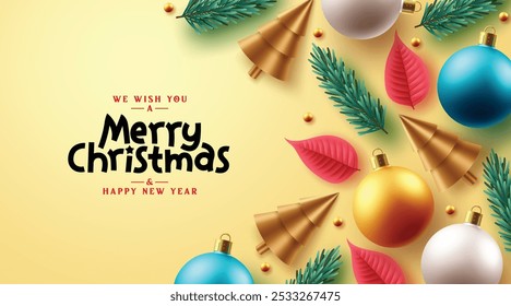 Merry christmas vector background design. Christmas greeting text with xmas elements like balls, gold cone, and fir leaves for holiday season card decoration in yellow elegant background.