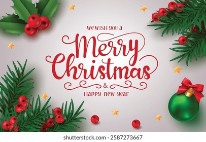 Merry Christmas vector background design, Merry Christmas greeting text with holly berry and ball decoration elements for xmas season, Vector illustration,
