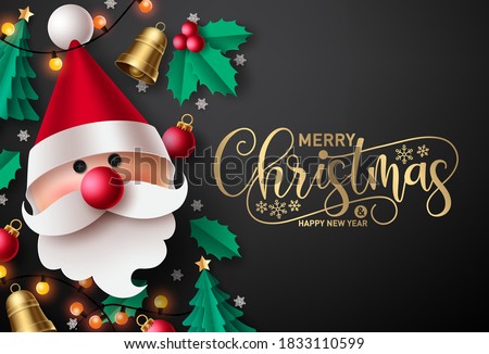 Merry christmas vector background design. Merry christmas greeting text in black empty space for typography messages for holiday season greeting card with paper cut santa claus and xmas elements. 