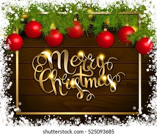 Merry Christmas vector background with fir tree branch color bulbs for winter Merry Christmas holidays celebration illustration flyer and postcard design