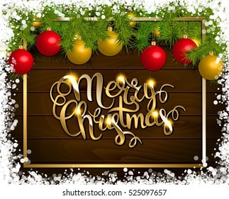 Merry Christmas vector background with fir tree branch color bulbs for winter Merry Christmas holidays celebration illustration flyer and postcard design
