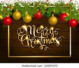 Merry Christmas vector background with fir tree branch color bulbs for winter Merry Christmas holidays celebration illustration flyer and postcard design