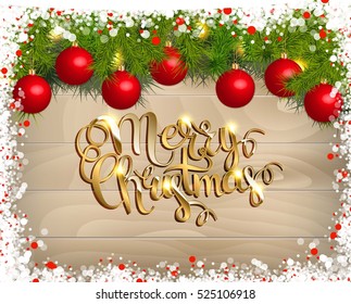 Merry Christmas vector background with fir tree branch color bulbs for winter Merry Christmas holidays celebration illustration flyer and postcard design