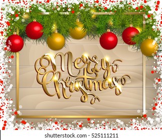 Merry Christmas vector background with fir tree branch color bulbs for winter Merry Christmas holidays celebration illustration flyer and postcard design