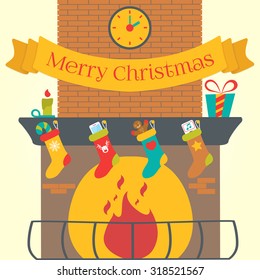 Merry Christmas Vector Background. Fireplace at home