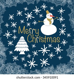 Merry Christmas vector background flat primitive style with snowman and tree on snowflakes blue background