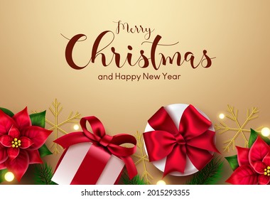 Fondo vectorial de navidad. Feliz navidad y feliz texto de año nuevo en el espacio con regalos y elementos de poinsettia para el diseño de mensajes de tarjetas de felicitación de Navidad. Ilustración del vector  
