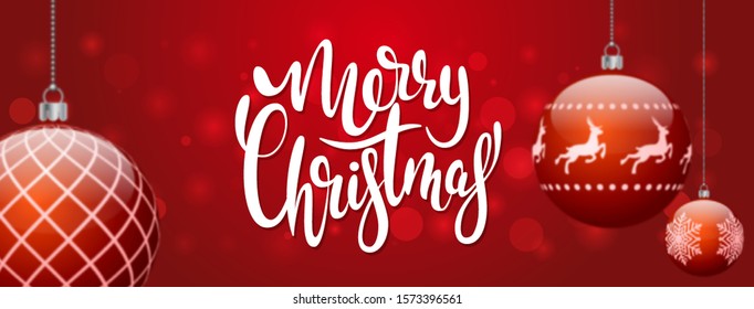 Merry Christmas vector background. Merry Christmas lettering on red background with Christmas balls in blur. Vector cover, banner, flyer 