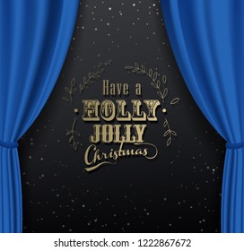 Merry Christmas vector background with many snowflakes and blue curtain background.