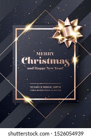 Merry Christmas Vector Background. Minimalist Xmas 2020 Party Invitation, Card, Poster, Cover Template in Dark Black and Rose Gold Colors. Strict, Luxury, Chic, Elegant Style.