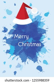 Merry christmas vector background with red Santas hat and place for your text on blue splatter background