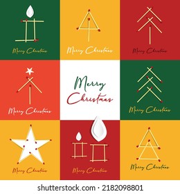 Merry Christmas Vector Background With Safety Match Symbols - Tree, Candles And Star