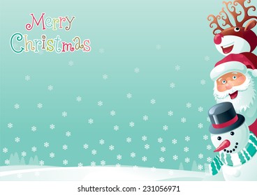 Merry Christmas! Vector christmas background  of Santa Claus, snowman and Red-Nosed Reindeer  on winter snow landscape at retro style