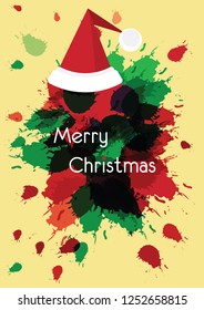Merry christmas vector background with Santas hat and ink splatters