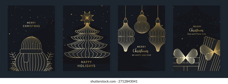 Feliz Natal vetor fundo definido. Elegante ilustrações de arte de linha de ouro de árvores de Natal, ornamentos, presentes e boneco de neve em fundo de luxo escuro. Design perfeito para cartões de felicitações de férias, cartazes.