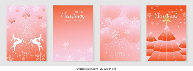Conjunto de fondo de Vector de Navidades alegres. Diseños de gradiente rosa y naranja con renos, copos de nieve, globos festivos y árboles de Navidad geométricos. Perfecto para tarjetas de felicitación, carteles y decoración navideña