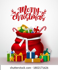 Merry christmas vector background template design. Merry christmas text in empty space for greeting card and red santa bag with gift elements for xmas holiday celebration. Vector illustration