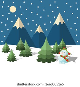 Merry christmas vector background. Christmas tree. White snow. Snowman on a background of mountains. Mountain landscape. Winter landscape with Christmas trees.