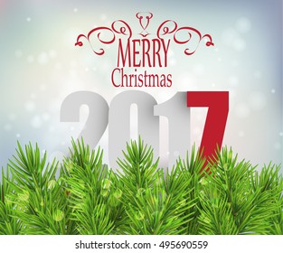 Merry Christmas vector background. Christmas tree on blurred background snowfall.