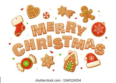 Merry Christmas vector backgrounds. Cartoon gingerbread cookies for celebration design. Delicious homemade pastries. Winter holiday illustration