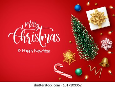 Merry christmas vector banner background template. Merry christmas text with xmas decoration elements for holiday celebration christmas card design. Vector illustration 