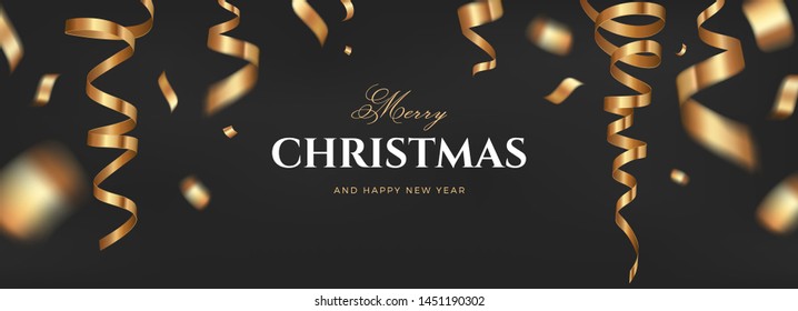 Merry Christmas vector banner design. Black golden background with flying gold confetti and congratulations text. Elegant festive decoration, long panoramic gift card or wide web layout template