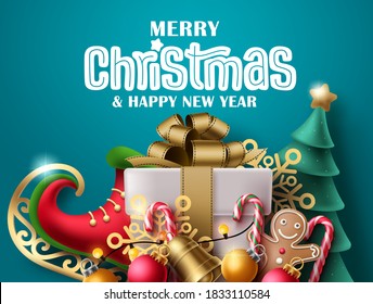 Merry Christmas Vector Banner Design. Merry Christmas Greeting Text With Colorful Xmas Elements Like Gift Box, Skating Shoe And Pine Tree In Green Background. Vector Illustration 