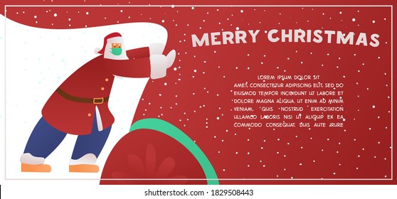 Fröhliches Weihnachtsvektor-Banner mit lustigem Weihnachtsmann im Gesicht Maske, die große Tasche mit Geschenken. 