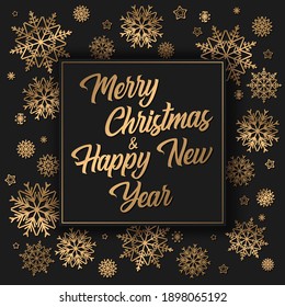 Merry Christmas vector banner with gold lettering and snowflakes decoration pattern isolated on black background. Elegant design for advertising, promotion, flyer, invitation, poster